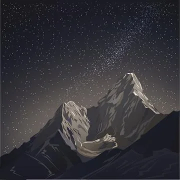 Night sky with mountains and stars. vector illustration background. night Stock Illustration