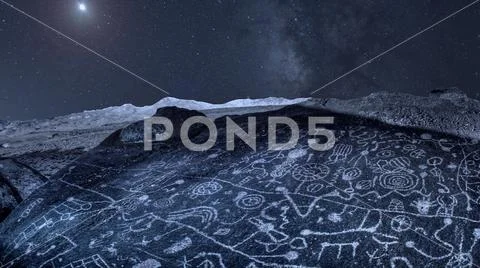 Night Sky over Ancient Petroglyphs in Eastern Sierra Nevada Mountains California Stock Photos