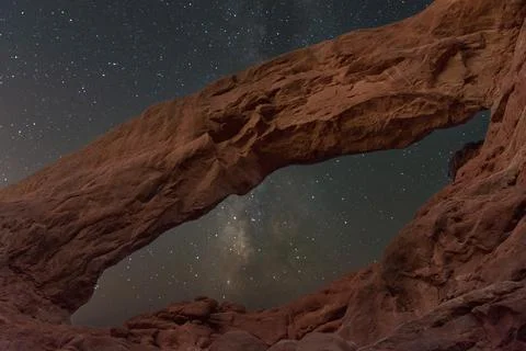 Night sky over the Turret Arch in Arches National Park Stock Photos