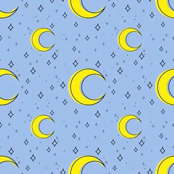 Night sky pattern. Moon, stars, blue background Stock Illustration