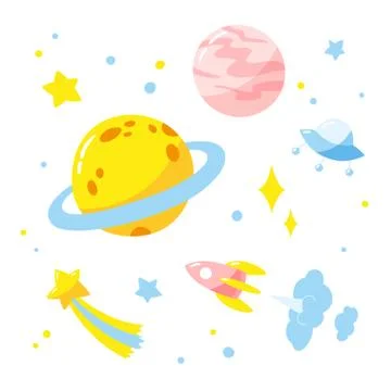 Night sky with planets, rocket and stars. Stock Illustration
