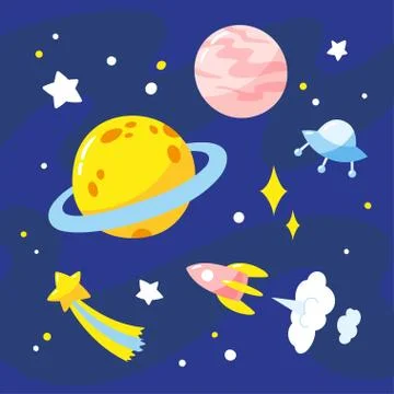 Night sky with planets, rocket and stars. Stock Illustration