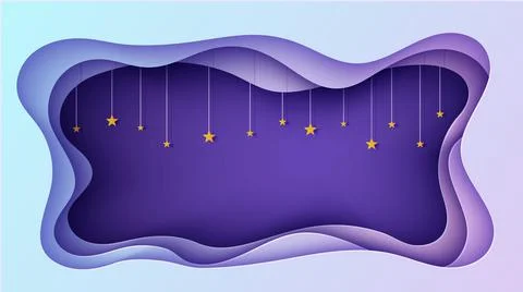 Night sky rectangular frame with stars on rope in paper cut style. Cut out 3d イラスト素材