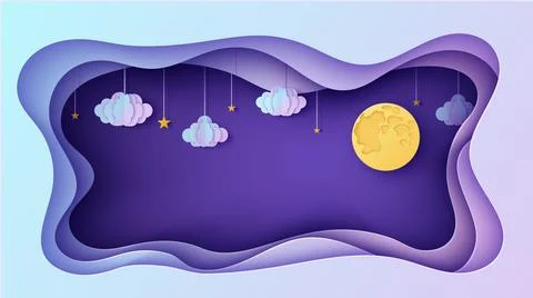 Night sky rectangular frame with stars and clouds on rope and full moon in paper Illustrazione stock