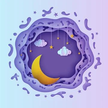 Night sky round frame with clouds gold stars on rope and moon in paper cut style Stock Illustration
