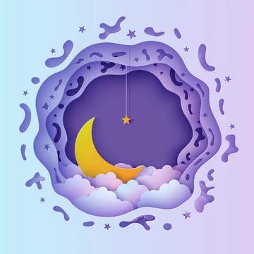 Night sky round frame with clouds gold stars on rope and moon in paper cut style Stock Illustration