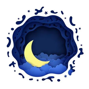 Night sky in round shape and crescent in paper cut style. 3d background with Illustrazione stock