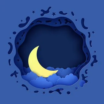 Night sky in round shape and crescent in paper cut style. 3d background with Stock Illustration