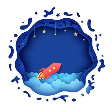 Night sky in round shape and red rocket in paper cut style. Layered 3d Stock Illustration
