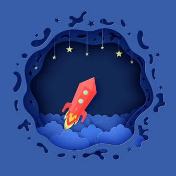 Night sky in round shape and red rocket in paper cut style. Layered 3d Stock Illustration