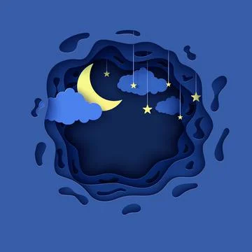 Night sky in round shape in paper cut style. 3d background with blue cloudy Stock Illustration