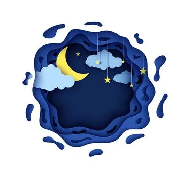 Night sky in round shape in paper cut style. 3d background with blue cloudy Illustrazione stock