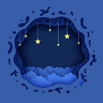 Night sky in round shape in paper cut style. Layered 3d background with blue Stock Illustration