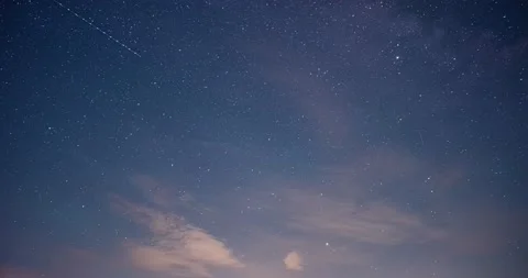Night sky, satellite orbits and fine clouds. Milky Way, transition from night to Video stock 201165353