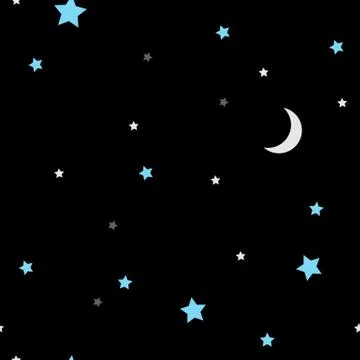 Night sky seamless pattern with blue small stars and moon. Vector flat illust Stock Illustration