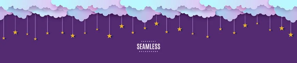 Night sky seamless pattern in paper cut style. Cut out 3d background with violet Stock Illustration