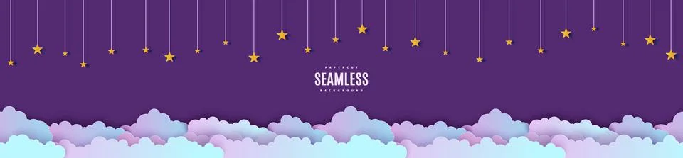 Night sky seamless pattern in paper cut style. Cut out 3d background with violet Stock Illustration