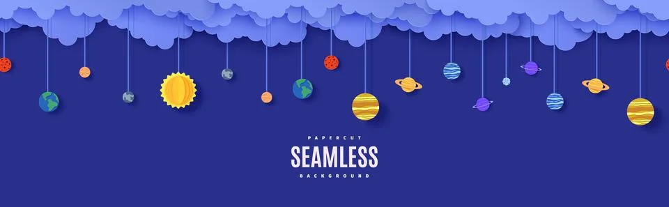 Night sky seamless pattern with planets on rope in paper cut style. Cut out 3d Illustrazione stock