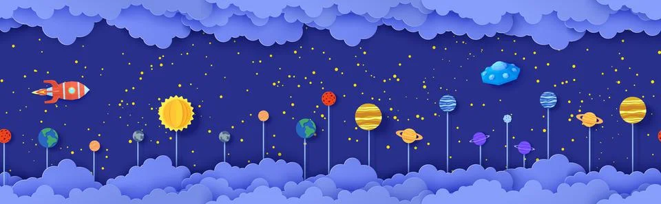 Night sky seamless pattern with planets on stick in paper cut style. Cut out 3d Stock Illustration