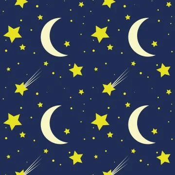 Night sky seamless pattern. Stars and month on a blue background. Stock Illustration