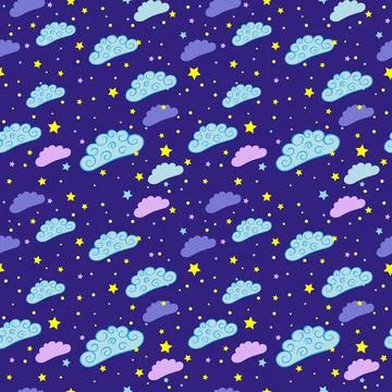 Night sky seamless pattern with, stars and clouds. Stock Illustration