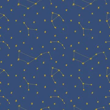 Night sky seamless pattern with stars in cartoon flat childish style on blue Stock Illustration
