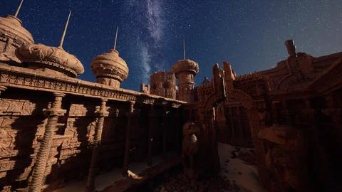 The night sky is shining brightly over a building Ilustración de archivo