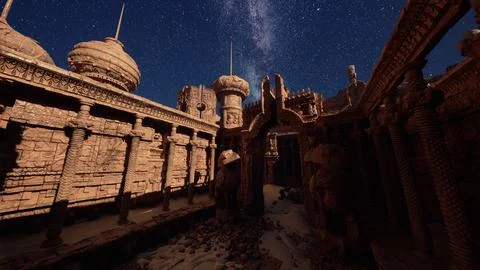 The night sky is shining brightly over a building Ilustración de archivo
