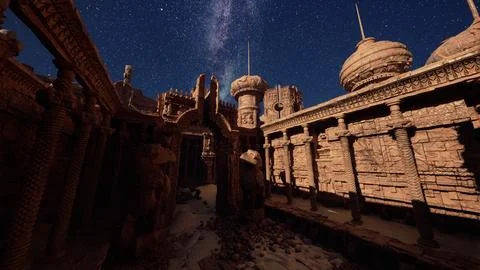 The night sky is shining brightly over a building Ilustración de archivo