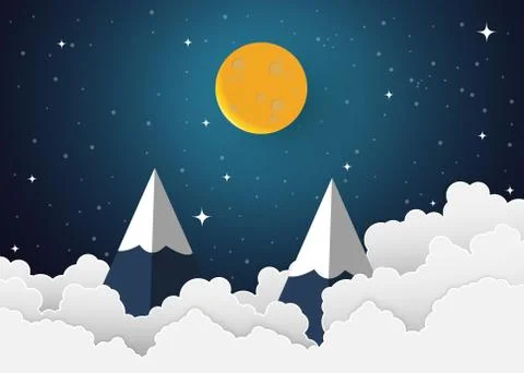 Night sky with stars and moon. paper art style. Stock Illustration