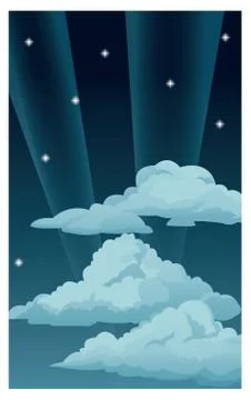 Night sky stars clouds light rays Stock Illustration