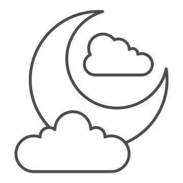 Night sky thin line icon. Crescent moon and clouds. Halloween party vector イラスト素材