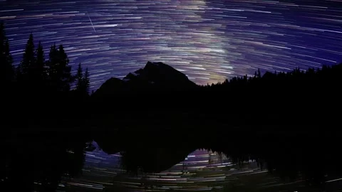 Night sky timelapse with uti-colored stars and comet type tails rotating above a Stock Footage 340240248