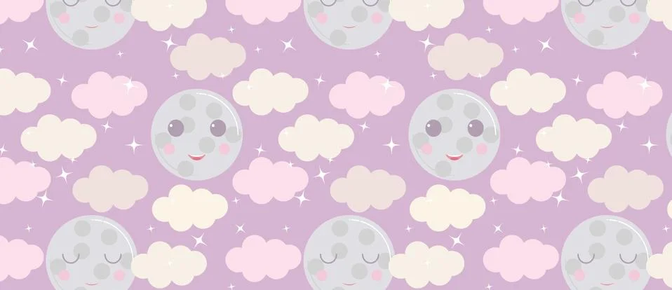 Night sky vector pattern. Cute smiling moon, stars, clouds background. イラスト素材