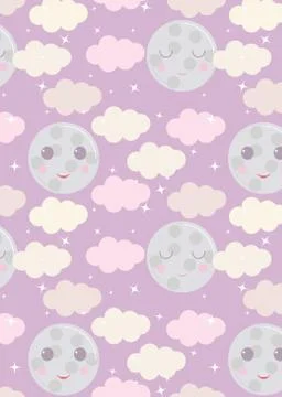 Night sky vector pattern. Cute smiling moon, stars, clouds background. Stockillustratie