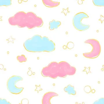 Night sky vector pattern with moon, stars and clouds. Cute seamless background 库存插图