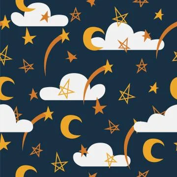 Night sky vector seamless pattern with stars, clouds and moon. イラスト素材