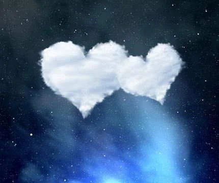 Night sky with white clouds in the form of hearts. Stock Illustration