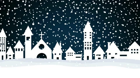 Night skyline of a mountain town under a snowfall. A church and houses in sil Stock Footage 160887682