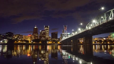 Night Skyline with Reflection Across the Willamette River in Portland, OR Video stock 74297122