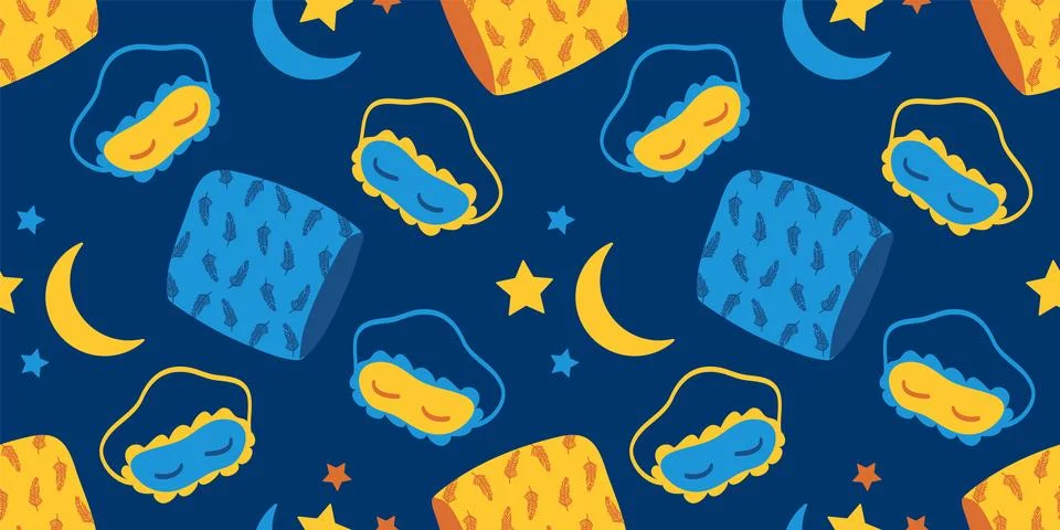 Night Sleep Pattern. Eye mask, feather pillow, moon with stars. Children's イラスト素材
