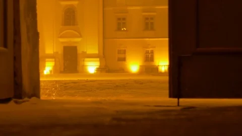 Night Snowing Outdoor Gate Stock Footage 71224732
