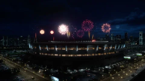 Night Stadium Aerial Side View Fireworks Stock Footage 337157314