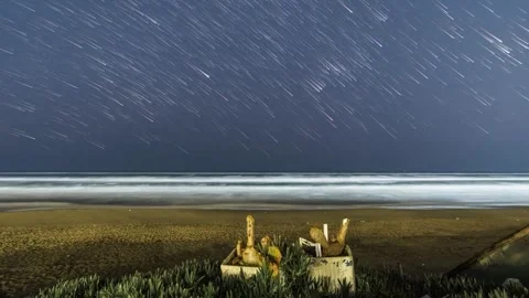 Night Star Trails and Ocean Waves at Saint Augustine Beach Stock Footage 333725094