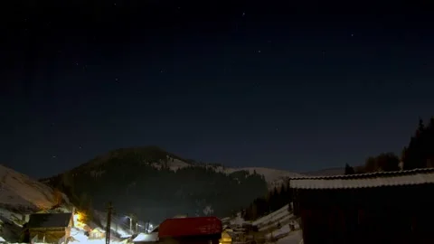 Night Starry Sky Over Mountain Village Stock Footage 170306889