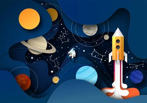 Night starry sky with solar system planets, constellations, rocket, vector paper Stock Illustration
