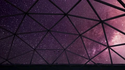 Night stars timelapse Milky Way, technical grid dome roof top Stock Footage