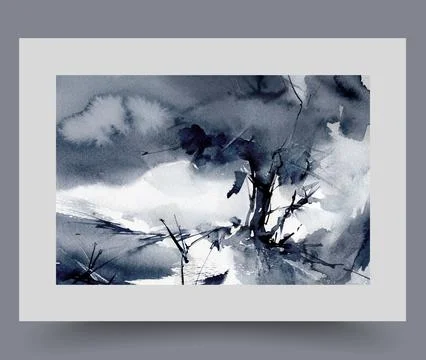 Night storm breaking tree with flying branches, located on hill under dark sky Stock Illustration