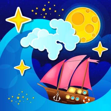 Night storm waves and wind a sailing ship on the sea. 스톡 일러스트