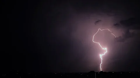 Night stormy sky above city. Set of beautiful lightning strikes. Thunderstorm Stock Footage 91561845